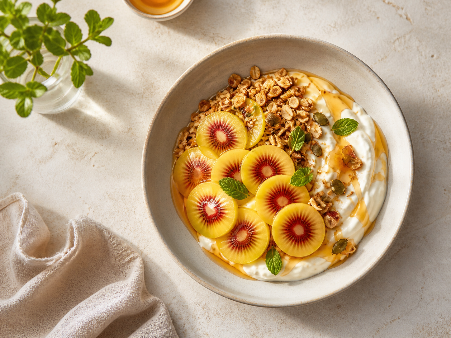 Breakfast bowl topped with KIUPI red kiwifruit