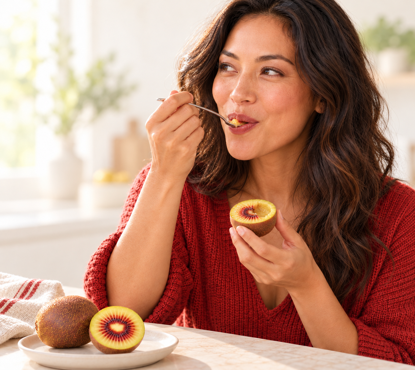 Donna che mangia un kiwi Kiupi con un cucchiaino