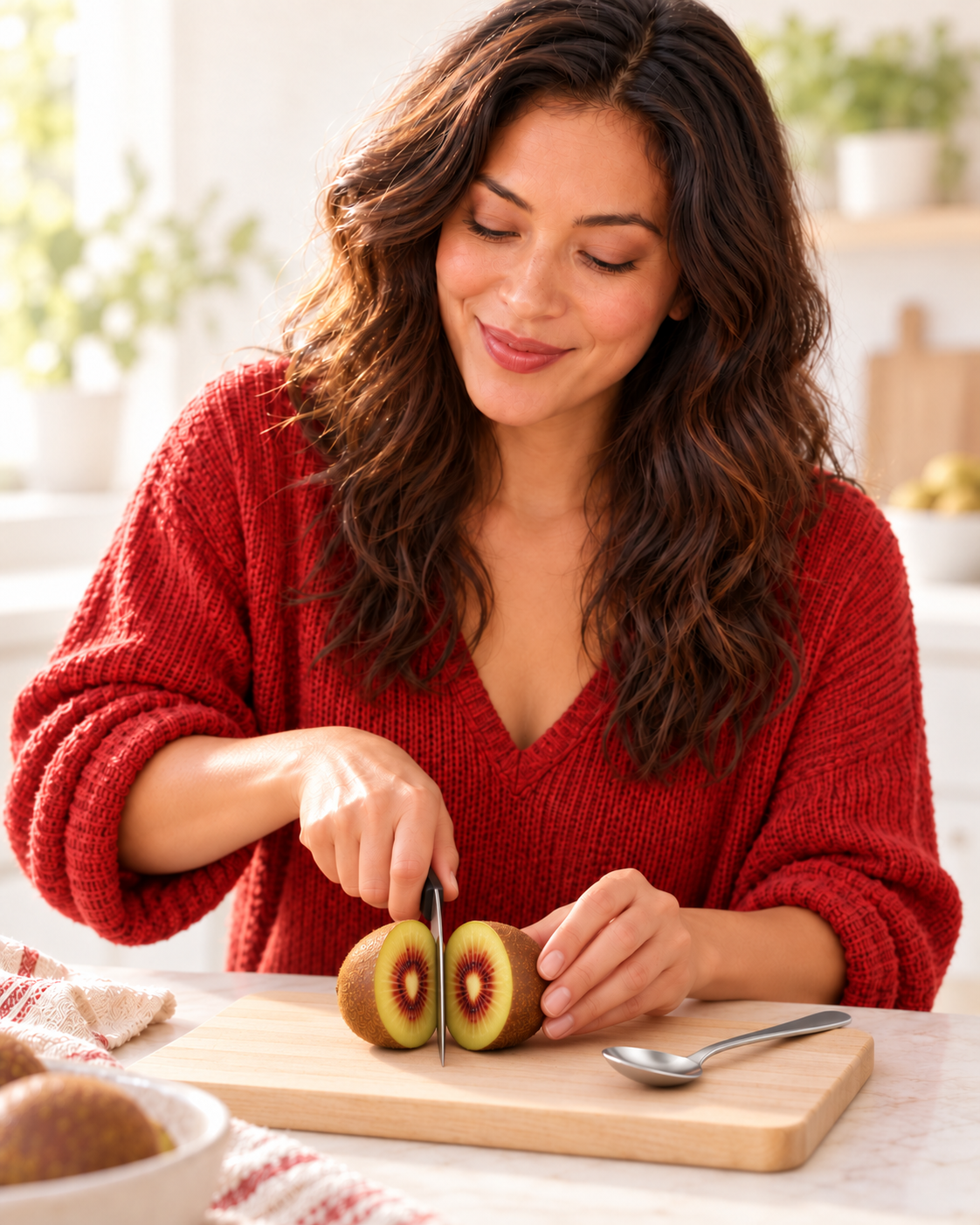 Donna che taglia un kiwi Kiupi in due metà uguali